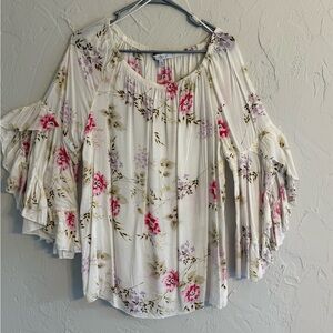 Fever Floral Ruffle Sleeve Tunic - White with Pink  Flowers and Green leaves
